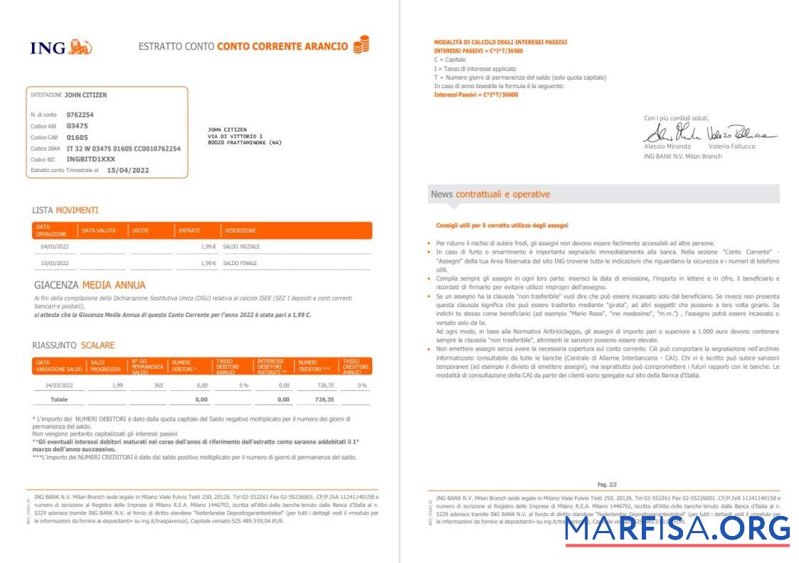 Downloadable Italy ING bank statement word 2 pages real example